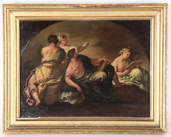 Scena allegorica, XIX secolo, olio su tela, cm 22,5x30,5, entro cornice, (segni di usura, craquelure)
