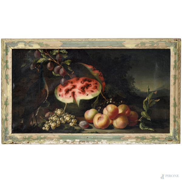 Scuola Napoletana del XIX secolo, Natura morta con anguria e volatile, olio su tela, cm 53x96 entro cornice, (ondulazioni della tela e sollevamenti di colore)