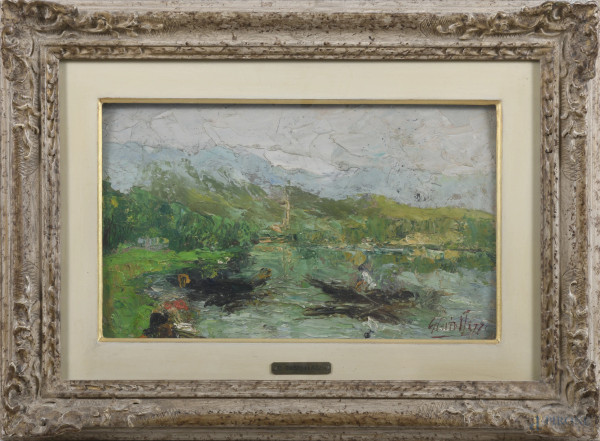 Sul fiume, XX secolo, olio su compensato, cm 21x35, firmato in basso a destra, entro cornice, (supporto imbarcato, difetti)