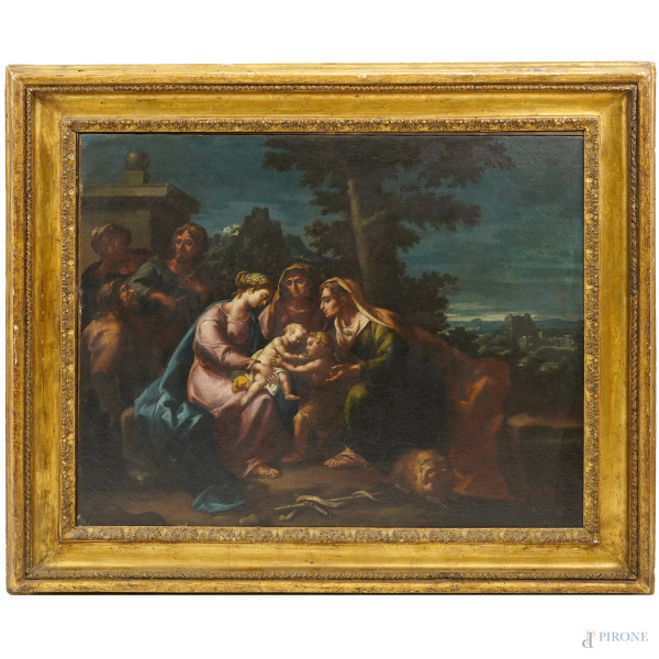 Scuola romana o napoletana del XVIII secolo, Sacra Famiglia con Sant'Anna e San Giovannino, olio su tela, cm 50x73, entro cornice coeva