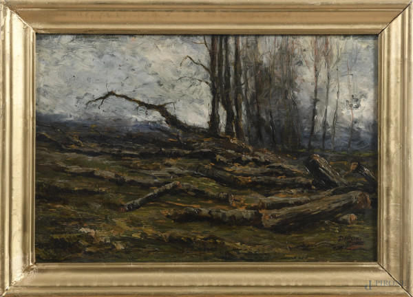 Alberi caduti, XX secolo, olio su compensato, cm 25x38, firmato in basso a destra, entro cornice, (segni di usura, fori di tarlo)