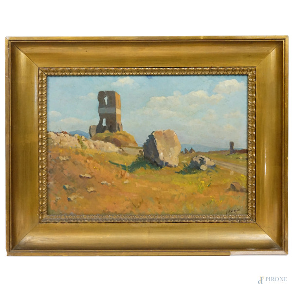 Giuseppe Malagodi - Campagna romana con rovine, olio su tavoletta, cm 35x49, entro cornice.