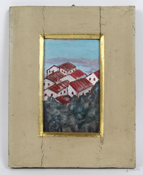 Paesaggio con case, olio su cartone telato, cm. 14x8,5, firmato, entro cornice.