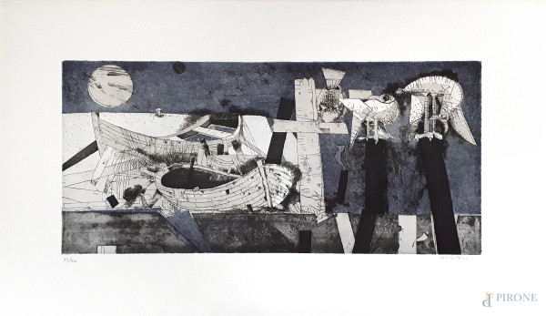Federico Righi (1908-1986) Composizione con imbarcazioni, acquaforte all’acquatinta, cm 50x85, firmato, esemplare 93/100, con cornice