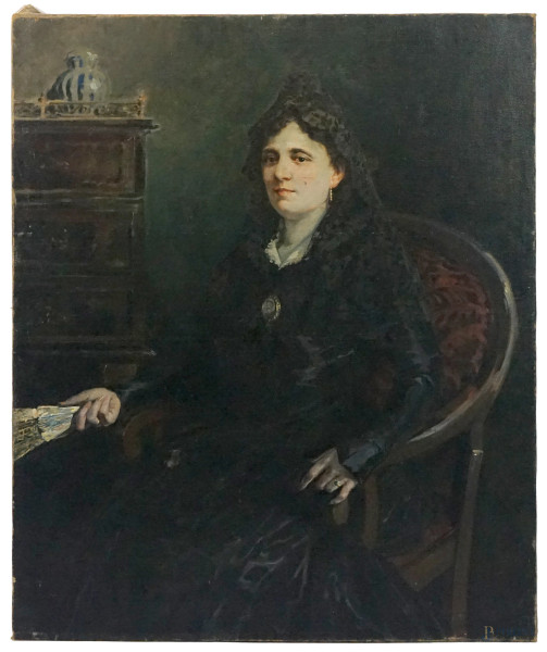 Ritratto di signora con ventaglio, olio su tela, cm 121x100, firmato