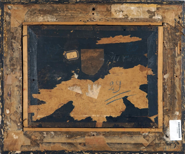 Scuola inglese del XVIII secolo, Paesaggio con armenti, olio su tavola, cm 28x35,5, entro cornice...