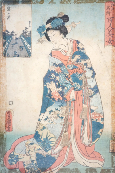 Utagawa  Kunisada - Cento luoghi famosi e bellezze di Edo, stampa a colori, cm 34,5x23, Giappone, entro cornice.