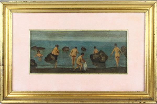 Bagnanti, olio su cartoncino, cm. 41x30, inizi XX secolo, entro cornice.