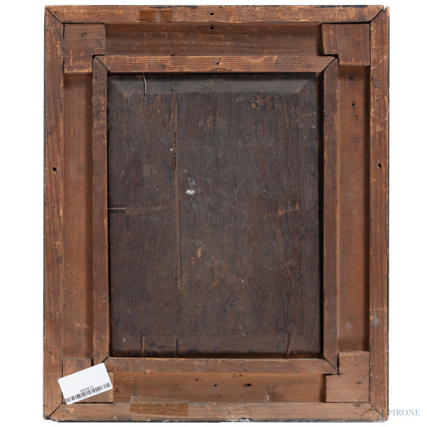 Sacra famiglia, XVIII secolo, olio su rame, cm 33x24,5, entro cornice, (ondulazioni del supporto)