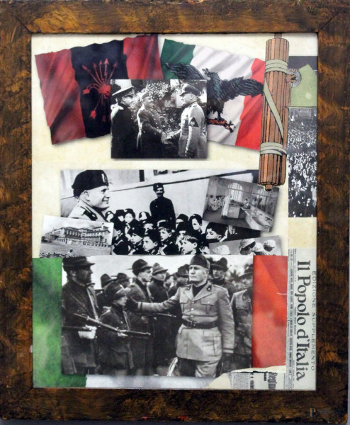Collage, raffigurante Mussolini, cm. 42x33, entro cornice.