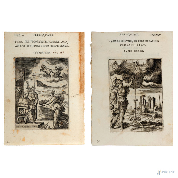 Giulio Bonasone (1498-1575), Coppia di acqueforti tratte da "Achillis Bocchii Bonon. Symbolicarum quaestionum, de vniuerso genere, quas serio ludebat, libri quinque", foglio cm 17x12, (segni di usura, tracce di umidità, restauri)