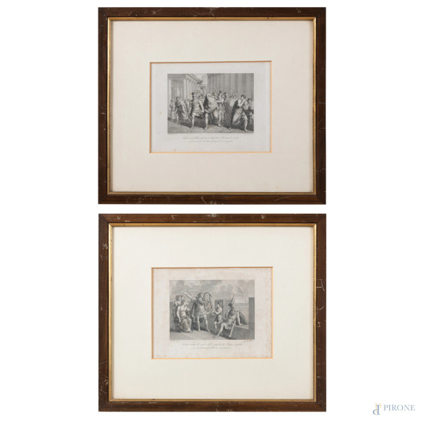 Lotto di due incisioni di G. Mocchetti da Bartolomeo Pinelli, XIX-XX secolo, misure massime cm 33x38 compreso passepartout, entro cornice, (segni di usura, tracce di umidità, foxing, ondulazioni della carta)
