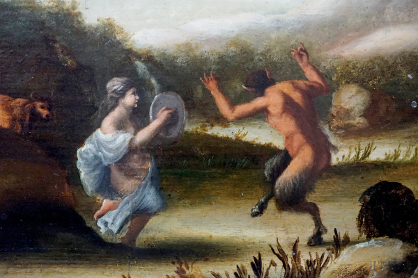 Seguace di Cornelis van Poelenburgh (Utrecht 1590 - 1667), Paesaggio con fauni e ninfe, olio su t...