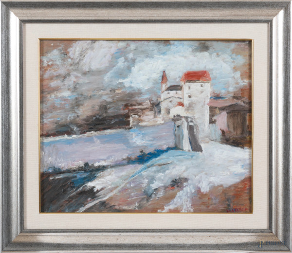 Scorcio di paese innevato, XX secolo, olio su tela, cm 50x60, firmato in basso a destra, entro cornice