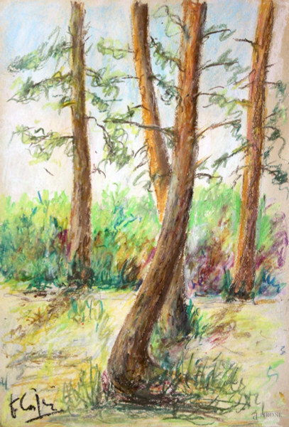 Paesaggio con alberi, pastello su carta firmato, cm 52 x 36.