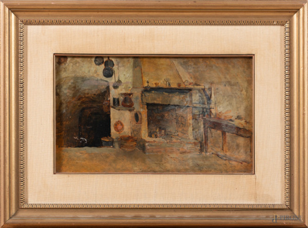 Interno con camino (recto) e viale con albero (verso), XX secolo, olio  su tavoletta, cm 23x38,5, entro cornice, (segni di usura, fessurazioni)