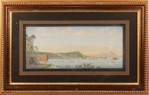 Veduta di Napoli, gouache su carta, cm. 31x65, XX secolo,entro cornice.