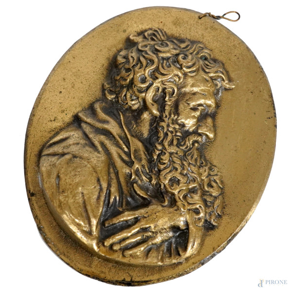 Medaglia in bronzo dorato con busto virile barbuto, XX secolo, diametro cm 13,5