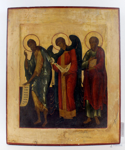 Icona russa del XIX secolo, raffigurante San Giovanni Battista, l'Arcangelo Gabriele e San Paolo,  tempera su tavola, cm 53,5x43,5