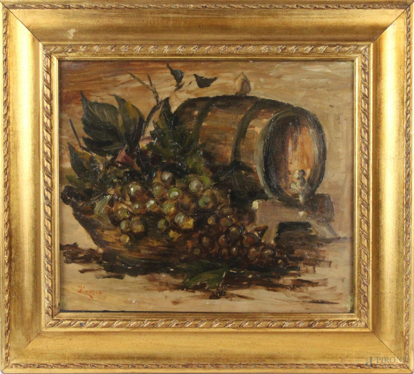 Natura morta - botte ed uva, olio su tavola, cm 29,5x35, firmato, entro cornice.