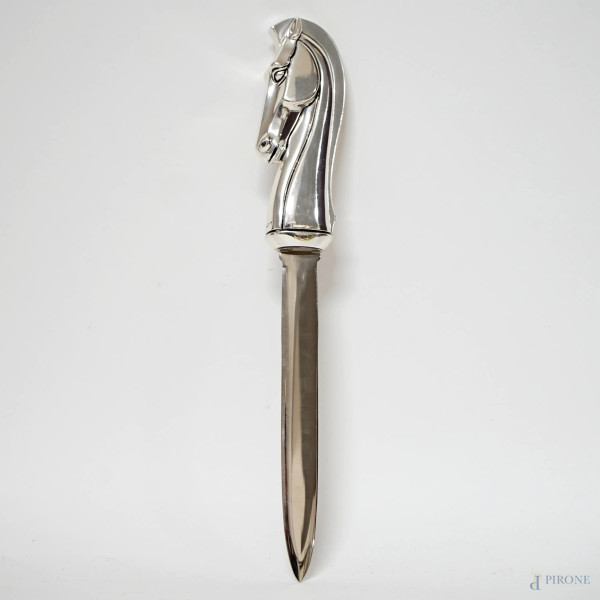 Tagliacarte Pierre Cardin laminato in argento, presa a testa di cavallo, lunghezza cm 25