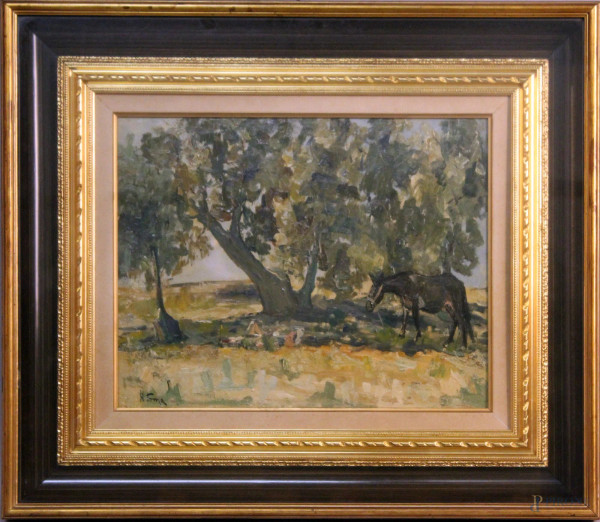 Toma Radames - Paesaggio con figura e asinello, olio su masonite, cm. 40x50, entro cornice.
