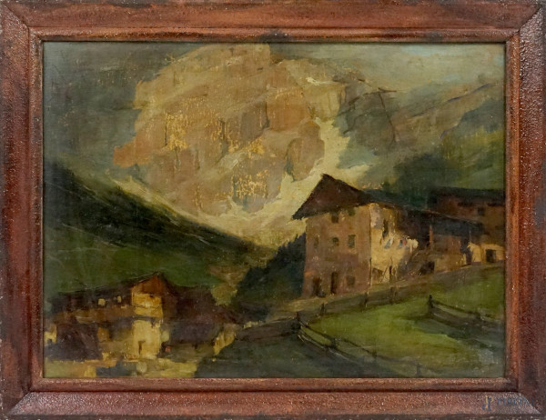 Scorcio di paese montano, olio su cartone, cm 55,5x76, firmato, entro cornice