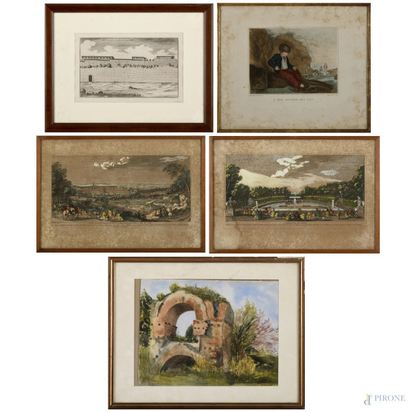Lotto di cinque stampe e un acquerello, misure massime cm 40x55 compreso passepartout entro cornice (gore, bruniture, difetti)