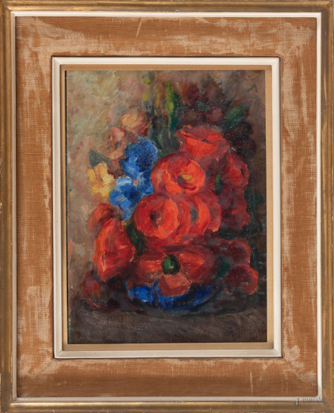 Fiori, XX secolo, olio su tavoletta, cm 36,5x26,5, firmato in basso a destra, entro cornice
