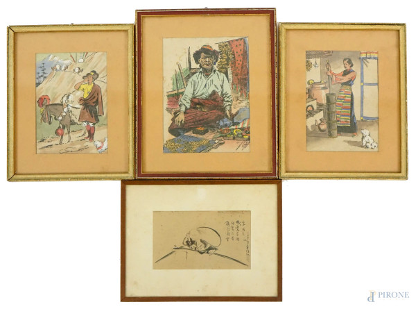 Lotto di quattro tecniche miste raffiguranti personaggi orientali, misure max cm 18x13, XX secolo, entro cornici, (piccole macchie).