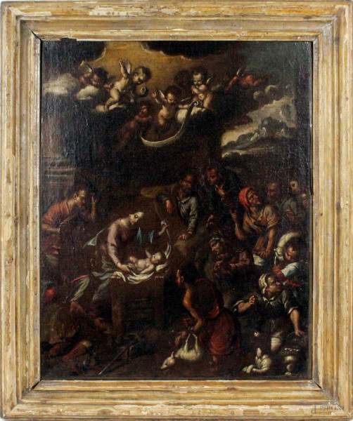 Jacopo Da Ponte  Bassano - Adorazione dei pastori, olio su tela, cm 35,5x44,5, entro cornice