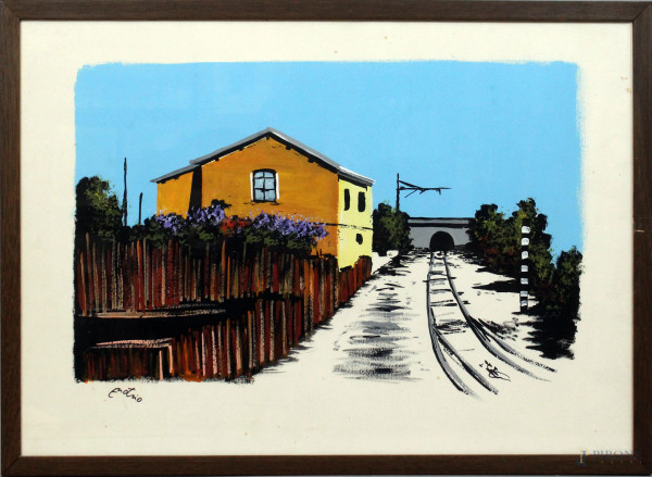 Paesaggio con case e ferrovia, tecnica mista su carta, cm. 50x70, firmato Enotrio, entro cornice.