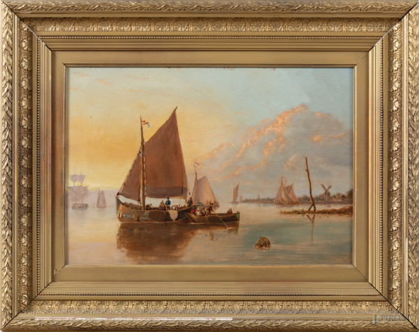 Marina con imbarcazioni, XIX-XX secolo, olio su tela, cm 35,5x51, entro cornice, (segni di usura, abrasioni, piccole cadute di colore)