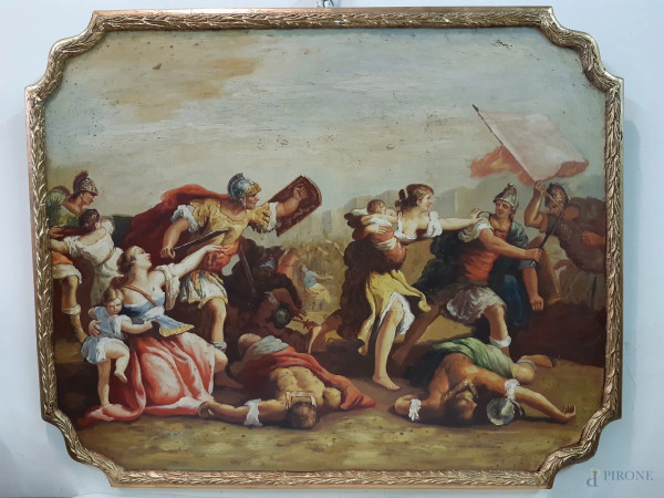 Battaglia, dipinto ad olio su tavola 85x67 cm con cornice sagomata.
