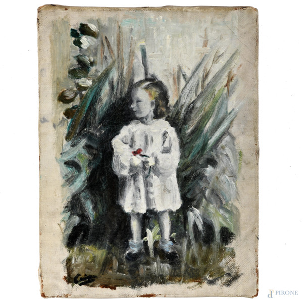 Bambina con papavero, XX secolo, olio su tela, cm 24,5x18,5, firmato in basso a sinistra, (segni di usura)