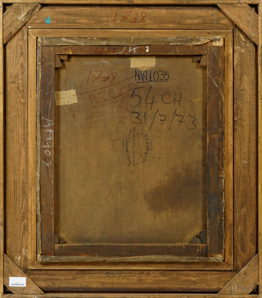 Pittore del XIX-XX secolo, Natura morta con Fritillaria Imperialis, fiori, pane e brocca, olio su...