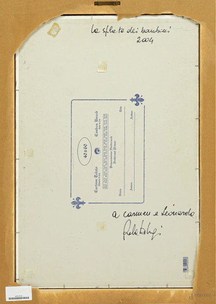 La sfilata dei bambini 2004, olio su cartone telato, firmato a tergo Paola de Luigi, cm 60x40, en...