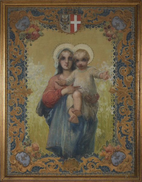 Madonna con Bambino, succo d'erba, cm 116x88,5 entro cornice, firmato e datato in basso  destra "Elena 1897"