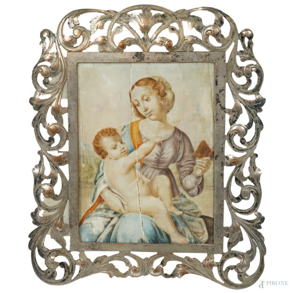 Da Raffaello Sanzio, Madonna Colonna, miniatura dipinta, entro cornice in metallo argentato lavorato a traforo e volute, ingombro cm 12,5x10, (difetti)