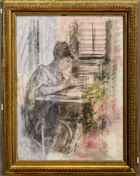 Donna che cuce, tecnica mista su tela, cm. 68x50, firmato P. Scoppetta, entro cornice.