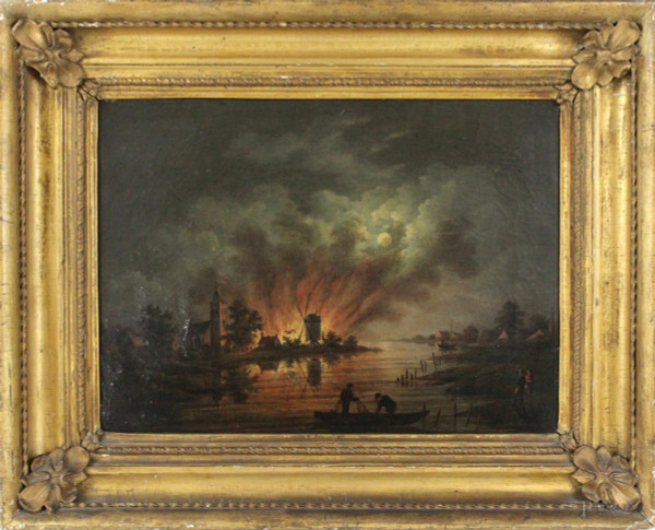 Pittore fiammingo, Paesaggio notturno con incendio, olio su tela, cm. 30x40,5, fine XVIII-inizi XIX secolo, entro cornice.