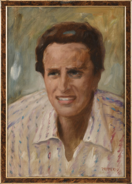 Proferio Grossi, Ritratto di uomo, olio su faesite, cm 50x35,5, firmato in basso a destra, al retro  firmato e datato 1981, entro cornice