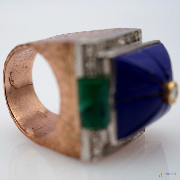 Anello in oro 9 kt e argento 925 con malachite, diamanti e pasta di lapislazzulo, misura n. 11, p...