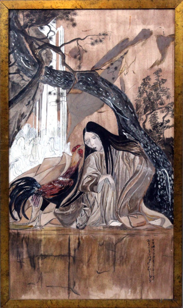 Acquarello su carta raffigurante figura femminile con gallo, cm. 68x38, Cina, XX secolo, entro cornice.