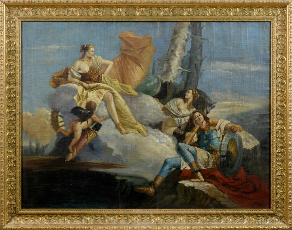 Armida incanta Rinaldo (da Giovanni Battista Tiepolo), XX secolo, olio su tela, cm 85,5x120, entro cornice, (craquelure, sollevamenti di colore)