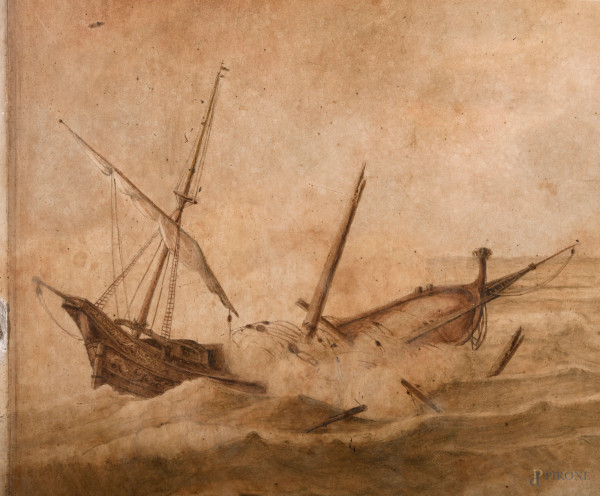 Pittore tedesco attivo in Italia nel XVIII secolo, Il naufragio, tecnica mista su ardesia, cm 56x...