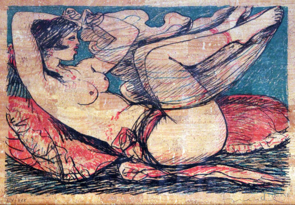 Salvatore Fiume - Odalisca, serigrafia su sughero, 53x74 cm, entro cornice