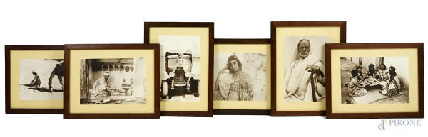 Lotto composto da sei fotografie d'epoca ai sali d'argento, raffiguranti uomini e donne mediorientali, misure max cm 17x23, entro cornici.