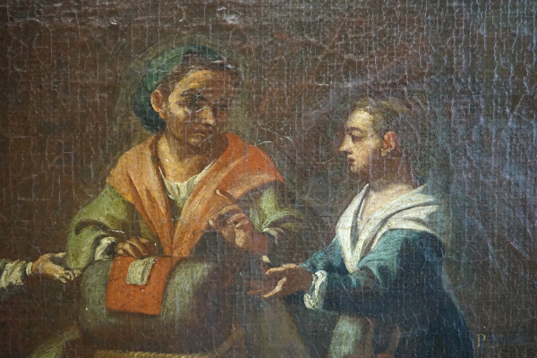 Pittore veneto del XVIII secolo, La cucitrice del tombolo, olio su tavola, cm 32x50, entro cornic...