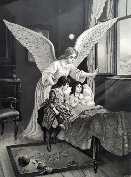 L’angelo custode, antica rara cromolitografia a un colore raffigurante interno di dimora con bambini e Angelo Custode benedicente,1870.